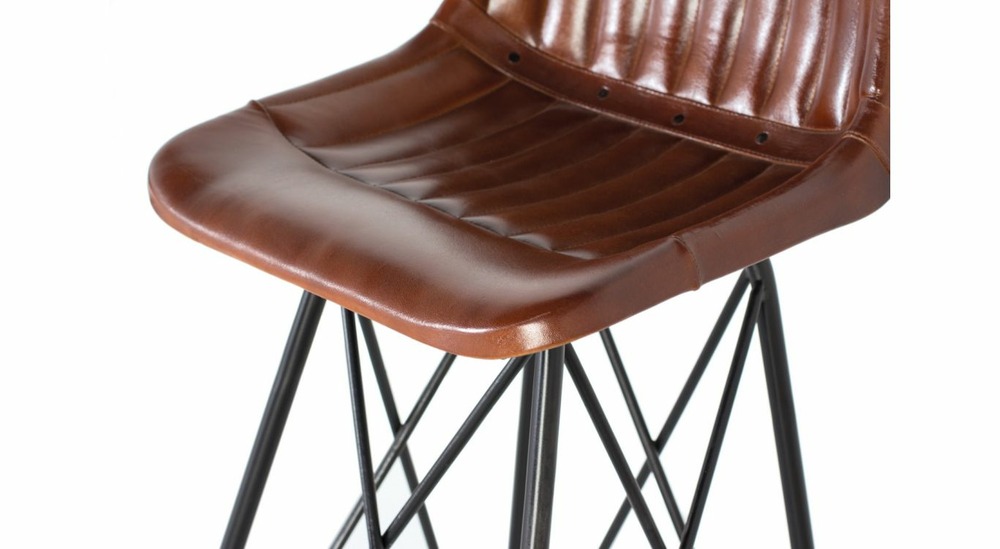 Chaise haute fer, cuir marron 48x48x100cm - fer-cuir