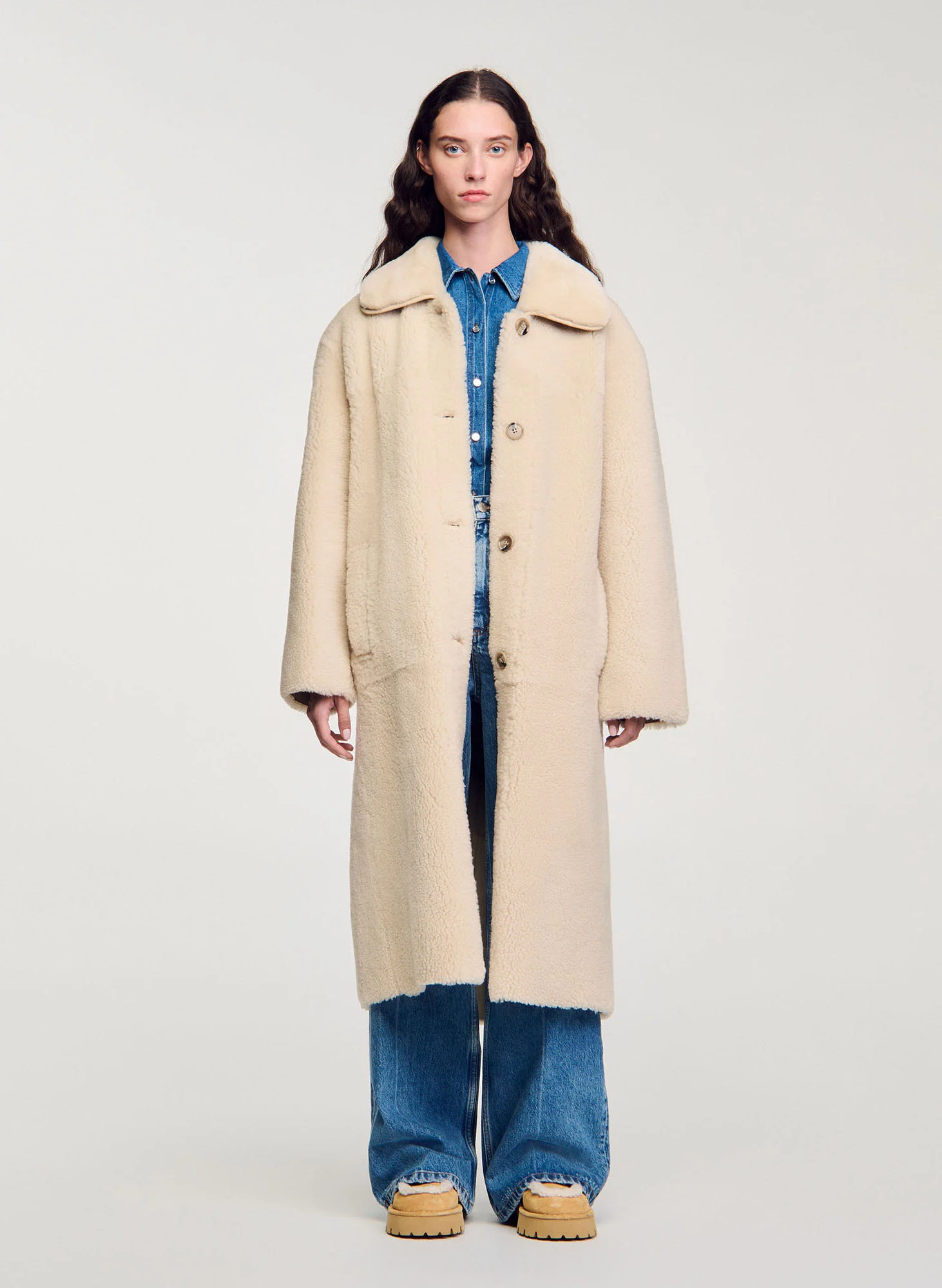 Manteau droit en peau lainée | Blanc