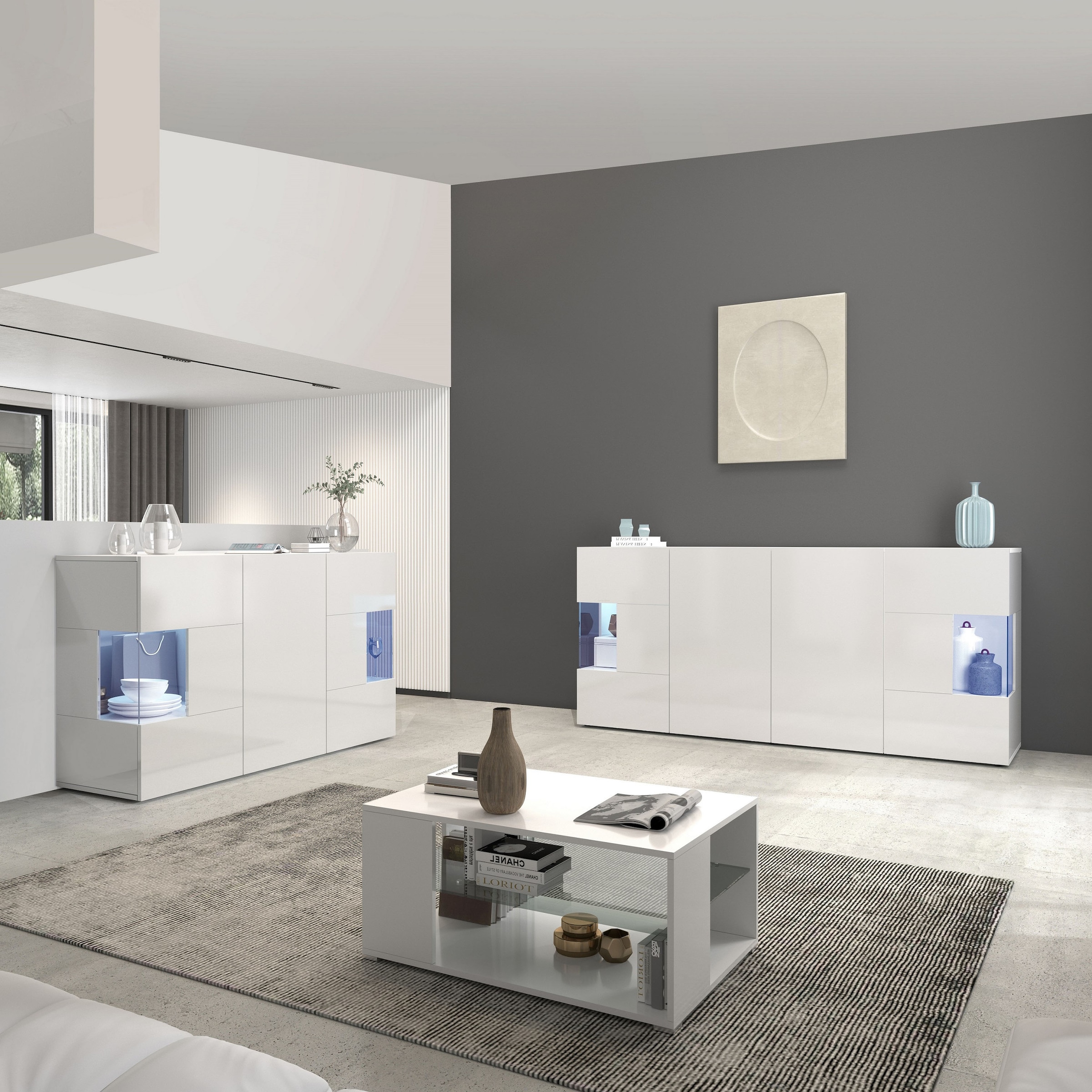 INOSIGN Sideboard »Egypt, Kommode, Schrank, Kredenz, Vitrine grifflos« 3 Türen davon 2 mit Glaseinsatz, kompl. Hochglanz lackiert Breite 135