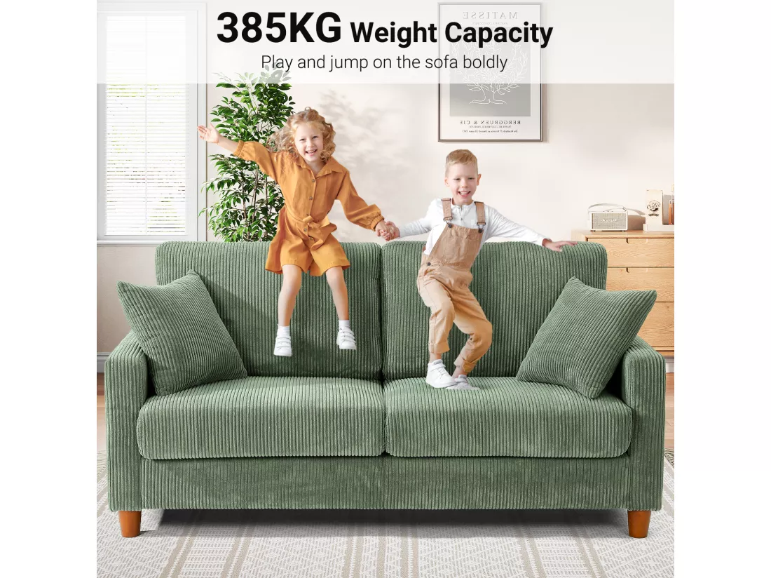 Canapé en Velours Côtelé 2 Places,Grand Canapé Droit Rembourré Moderne avec Sièges extra profonds de 56cm - 2 Coussins - 178x76x89cm - Vert