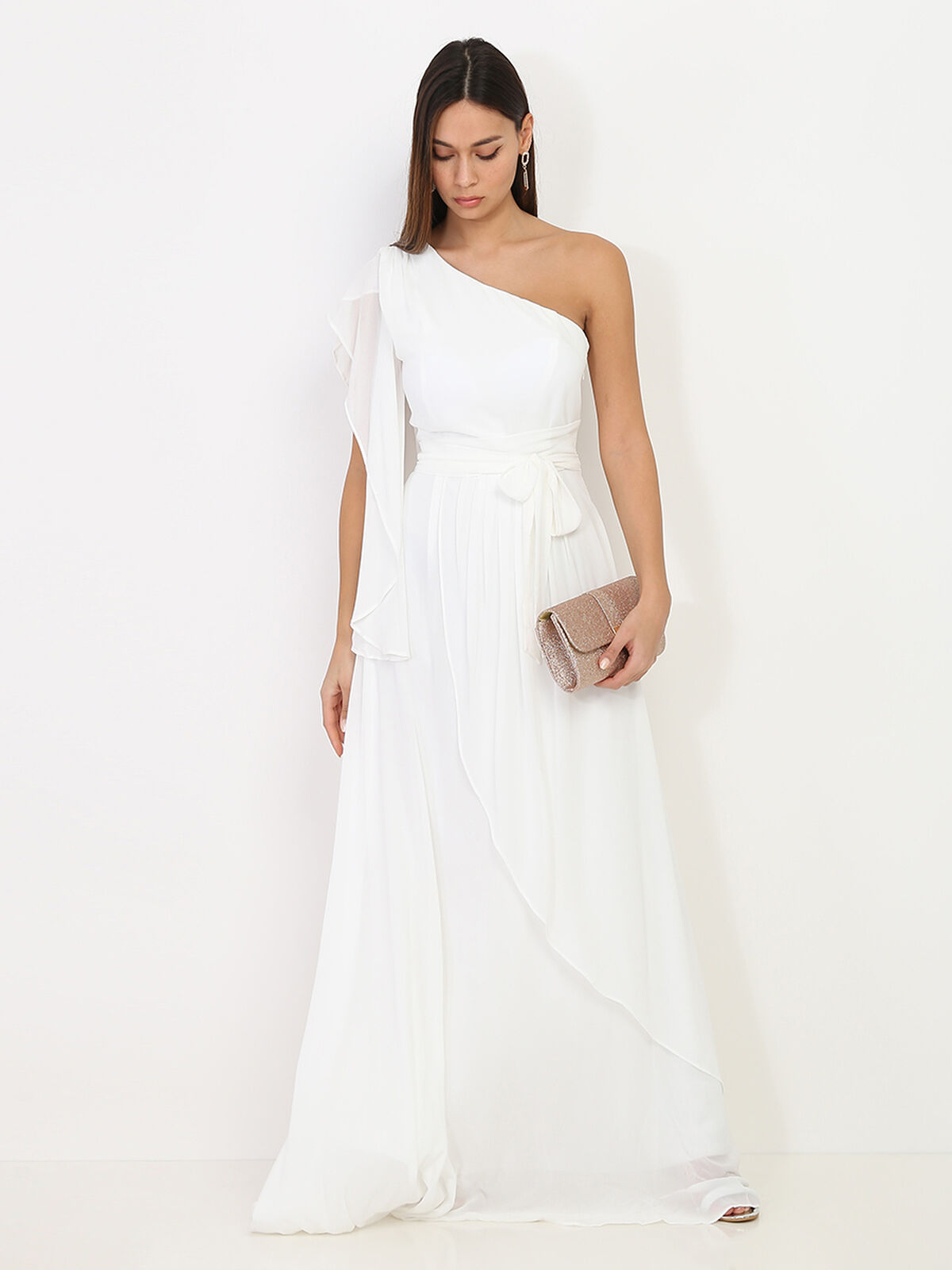 Robe portefeuille à manche asymétrique- Blanc