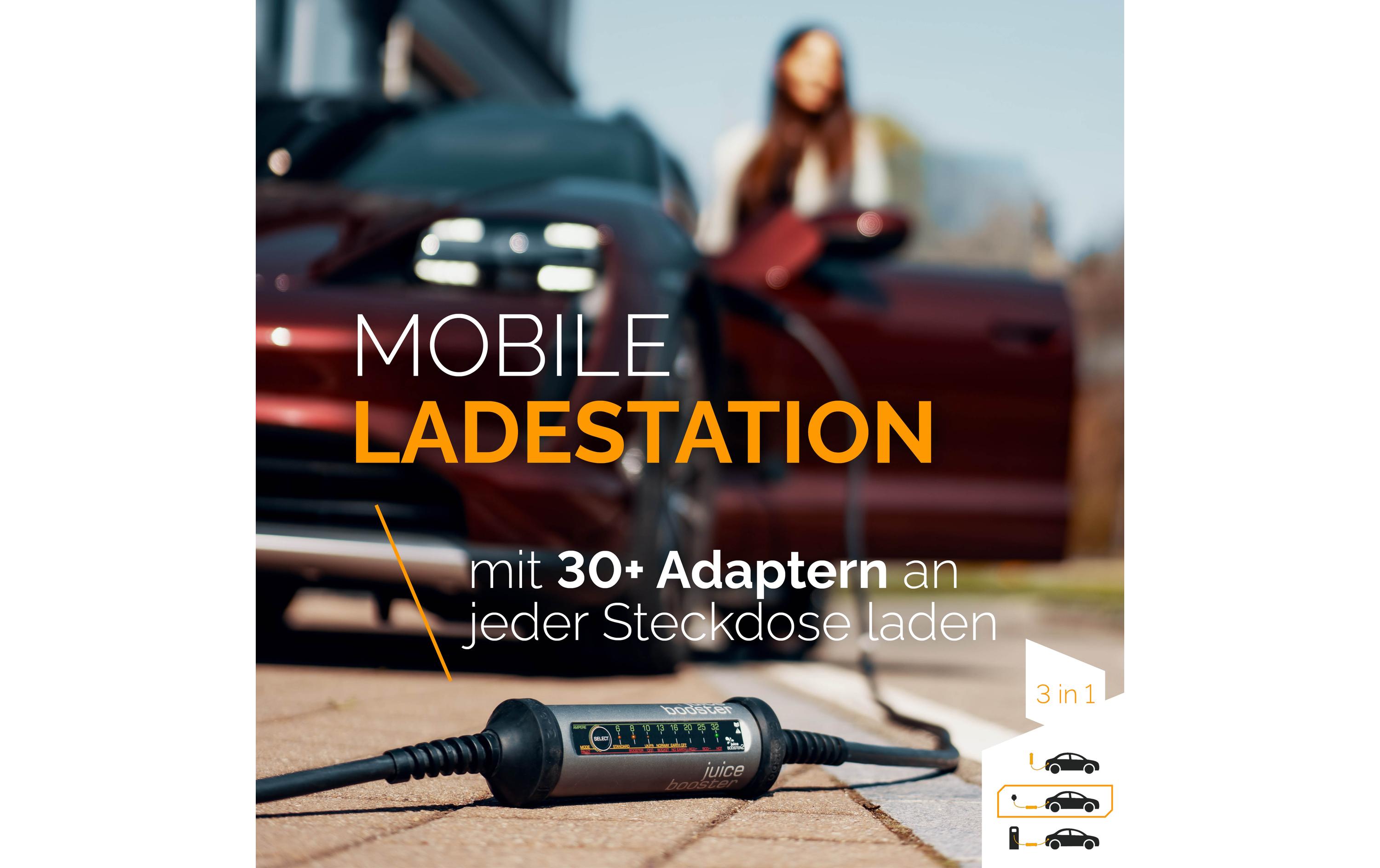 Mobile Wallbox JUICE BOOSTER 2 Swiss Traveller Set<br>Die flexible 3-in-1-Ladelösung für Elektrofahrzeuge für zuhause oder unterwegs