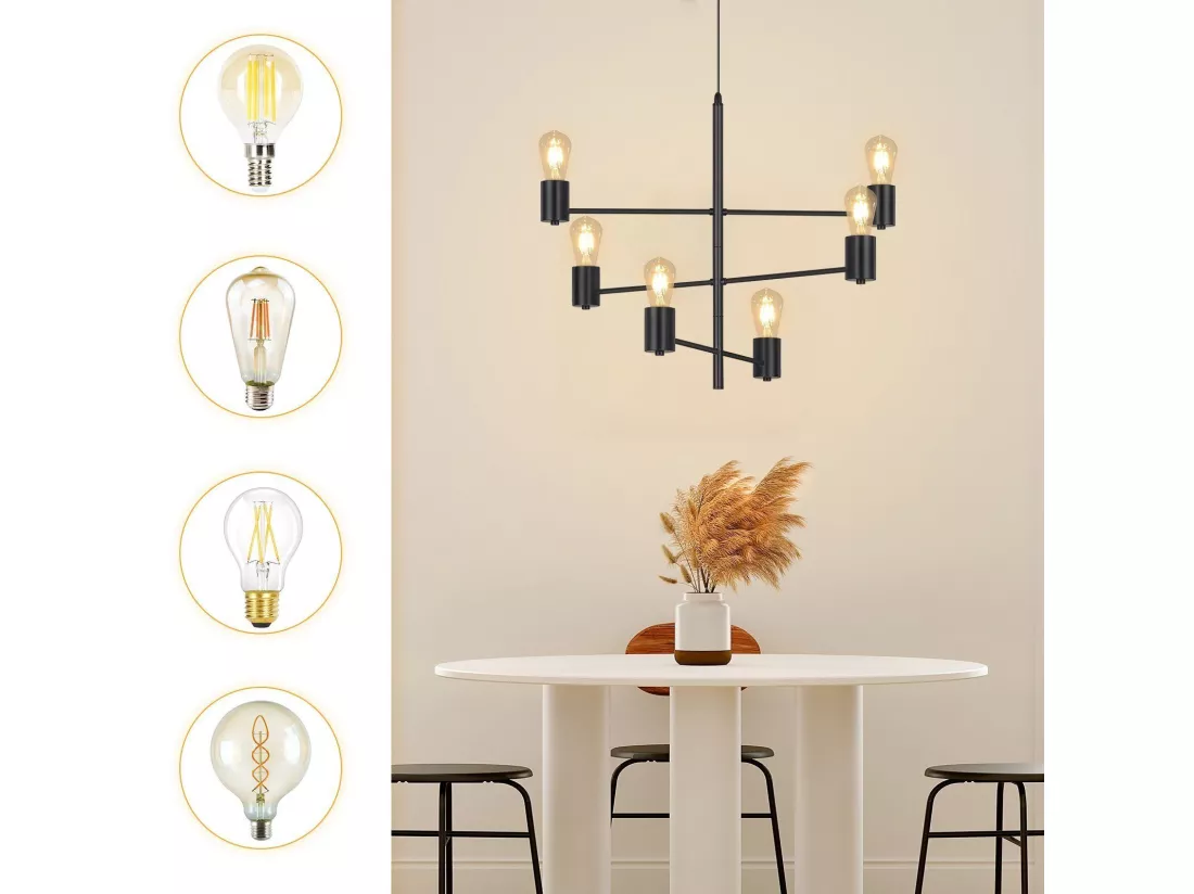 NETTLIFE Suspension 6 Ampoules E27 Noir Diam.65cm Vintage Métal Orientable Lustre Industriel Salon pour Salle à Manger Chambre