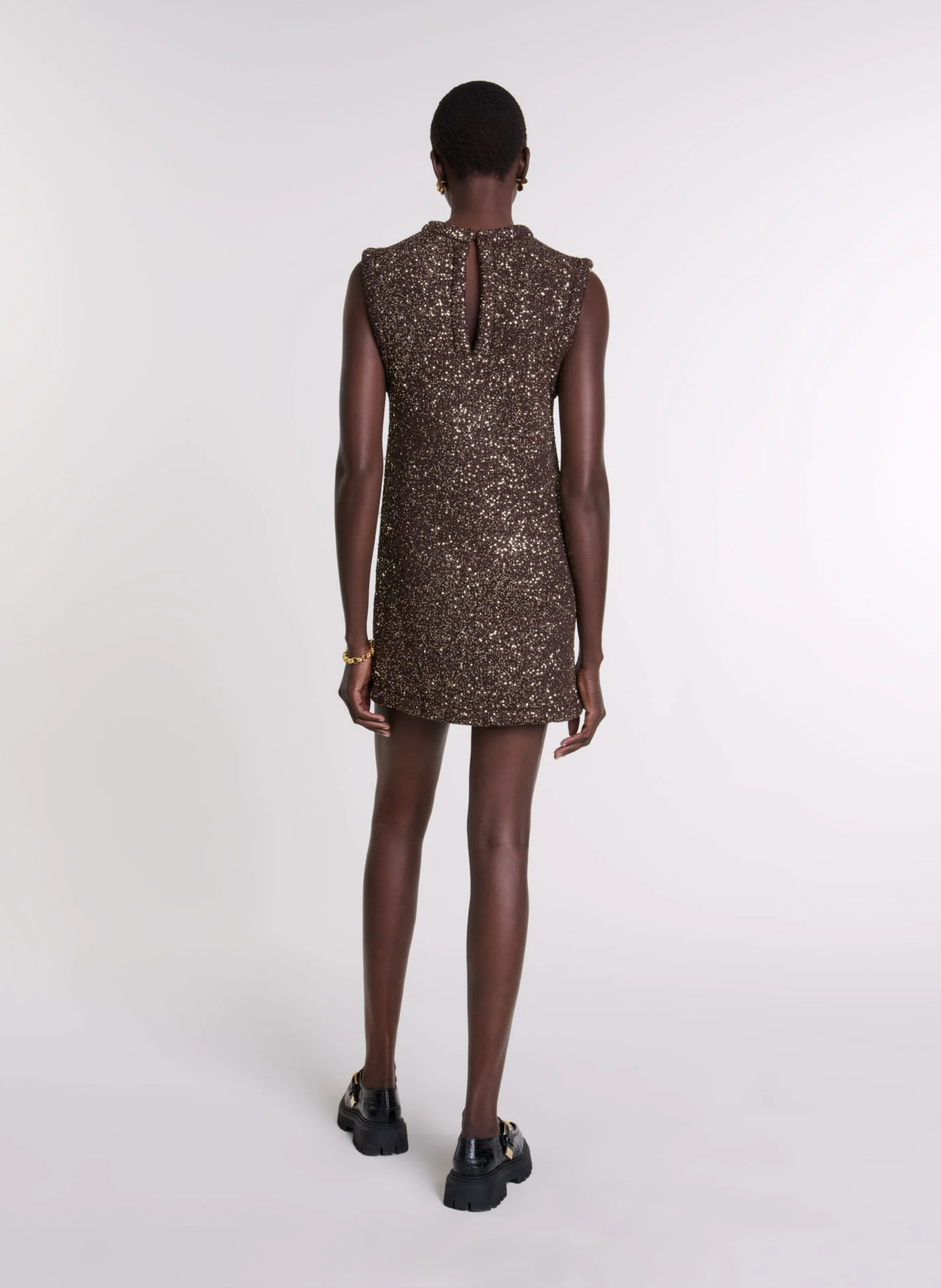 Robe courte col rond à sequins | Marron