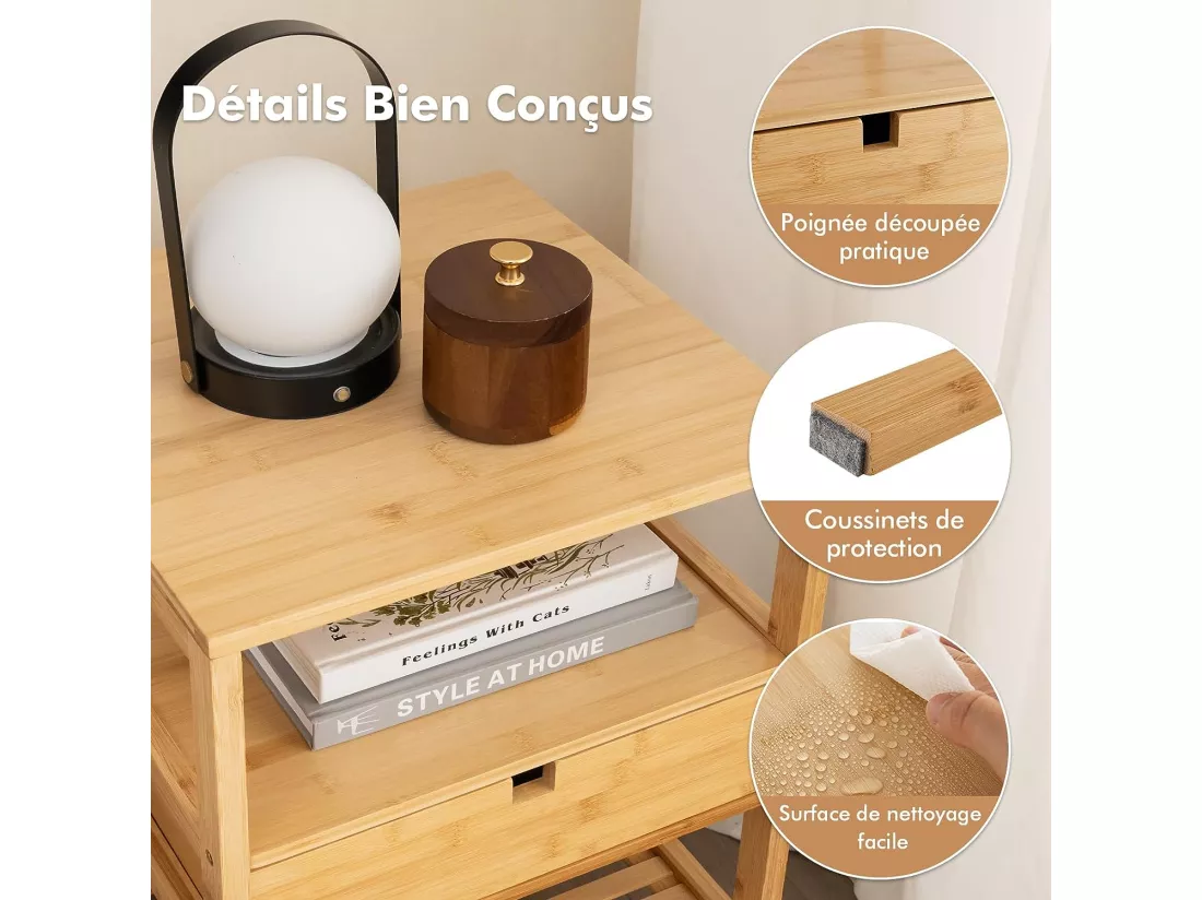 Table de Chevet en Bambou, Table de Nuit avec Tiroir et 3 Étagères, Chevet de Lit pour Chambre Adulte, Table d'Appoint Naturel, Bout de Canapé pour Salon, Masion, 40 x 40 x 68 cm