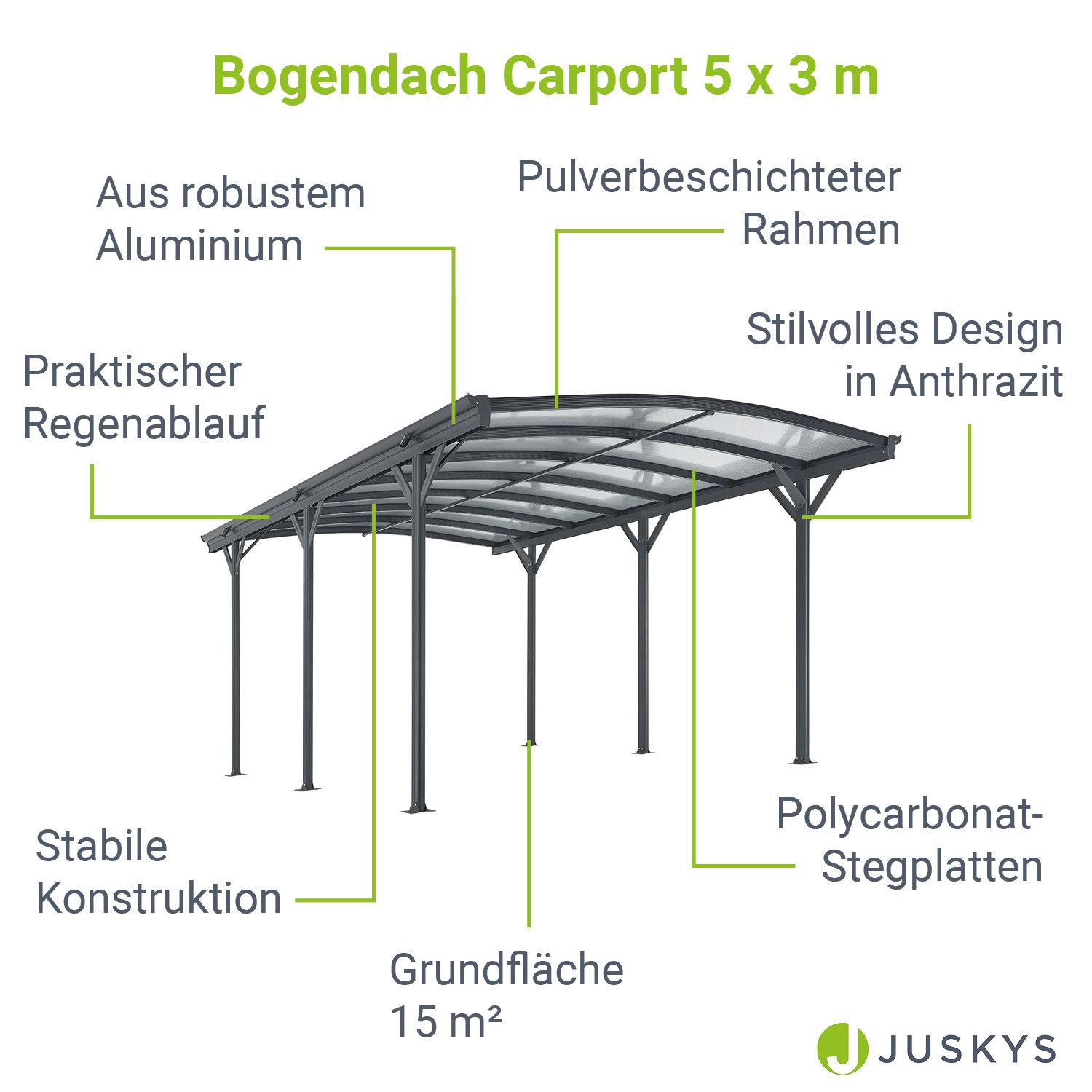 Juskys Carport mit Bogendach 5x3 m – freistehende Überdachung aus Aluminium mit Doppelstegplatten