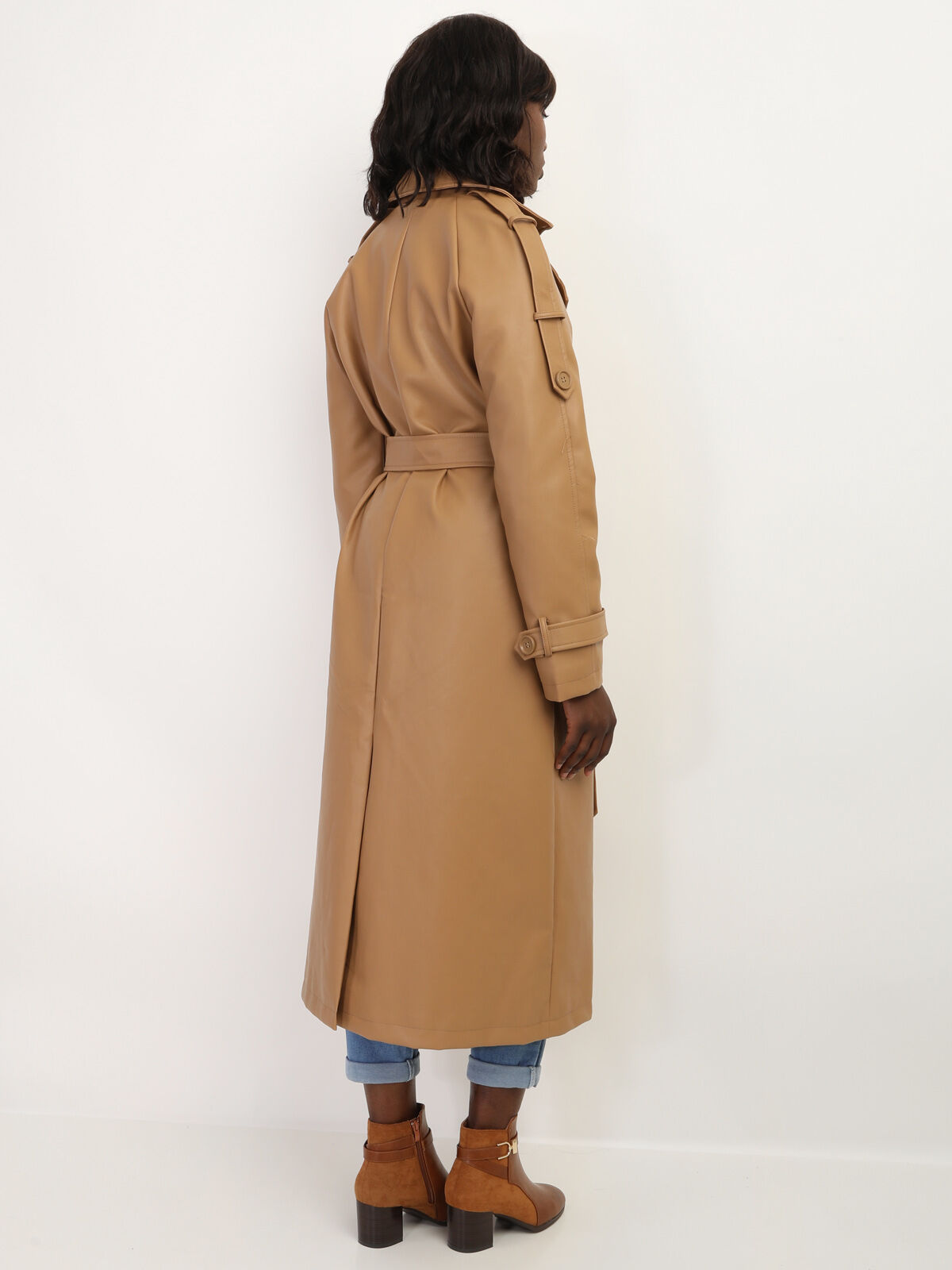 Trench long en simili avec ceinture- Marron clair