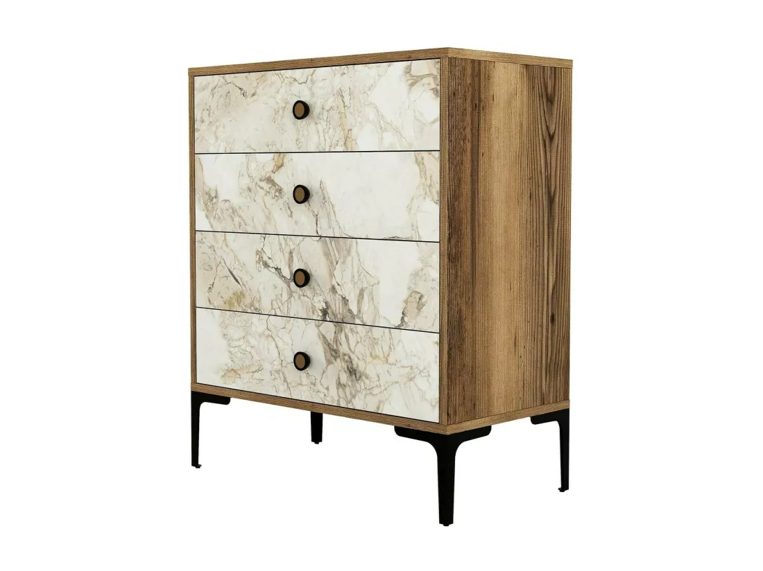 Commode Aether, Commode polyvalente, Commode de chambre, Meuble avec tiroirs, 76x40h91 cm, Noyer et Marbre Blanc