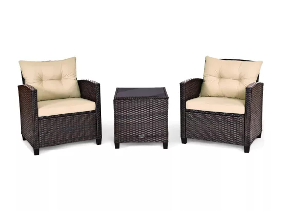 Salon de Jardin en Rotin et fibre naturelle - 3 Pièces - Charge 180KG - 2 Fauteuils et Table Basse avec Plateau en Verre Trempé – Marron