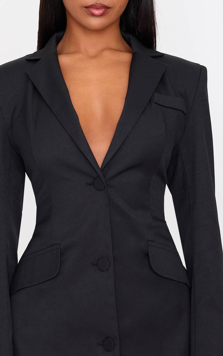 Noir Robe Blazer Cintrée À La Taille En Tissu Tissé