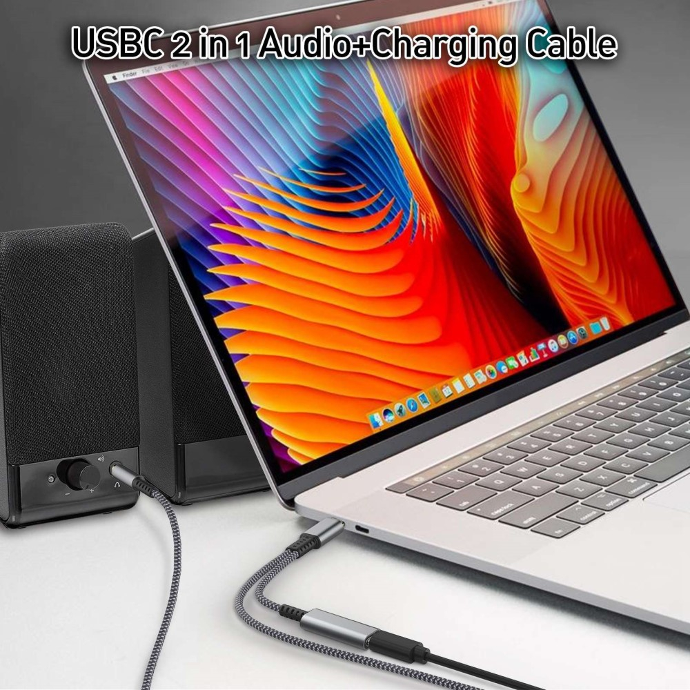 (1.2m) 2in1 USB C auf 3.5mm Kopfhöreranschluss AUX Klinkenstecker Nylon Kabel inkl. Ladeanschluss (PD/60W) - Schwarz