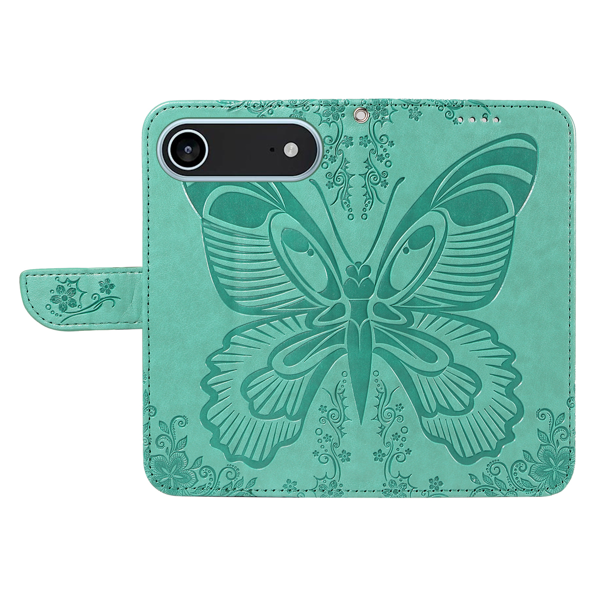 iPhone Air Leder Tasche Flip Cover Schmetterlinge Imprint - Türkis