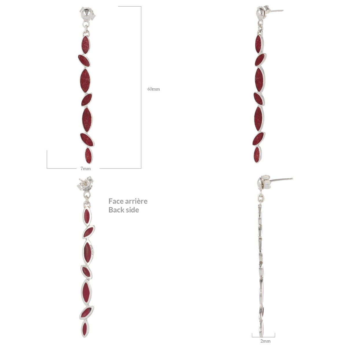 Boucles d'oreille ADEN pendantes en pierre de corail et Argent massif