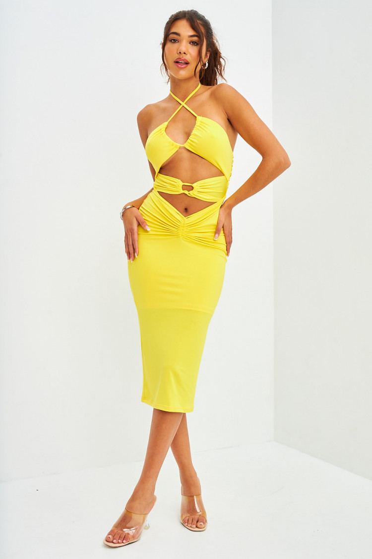 Robe jaune mi-longue ajourée et froncée