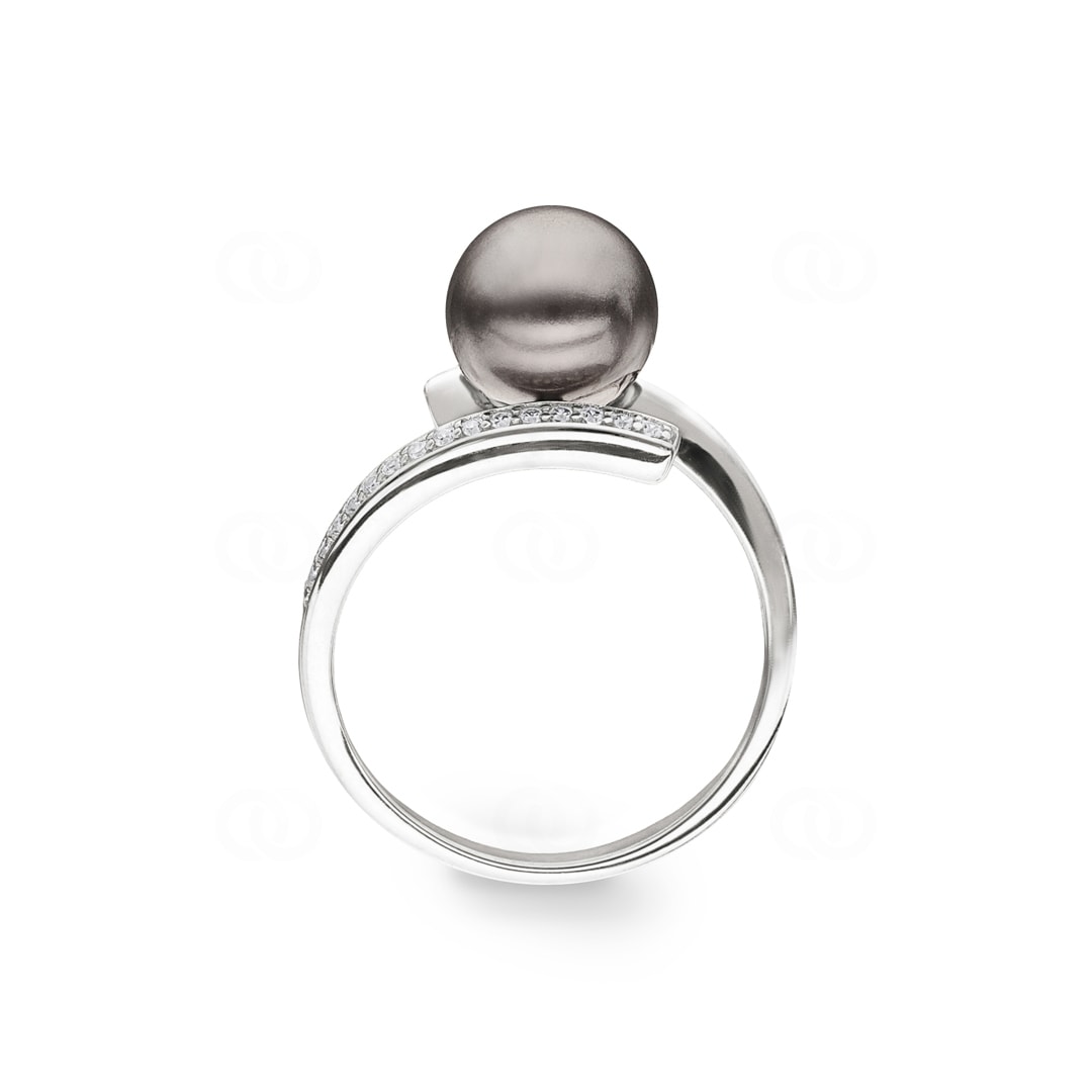Damenring 925 Silber rhodiniert mit schwarzer Kunstperle 8mm & Zirkonia