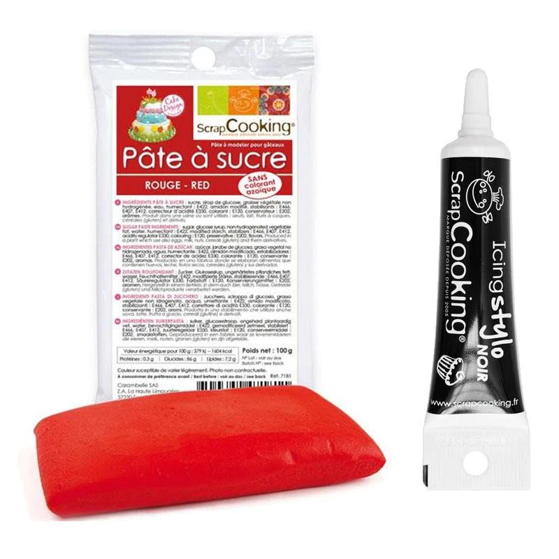Pâte à sucre rouge 100 g + Stylo de glaçage noir Scrapcooking