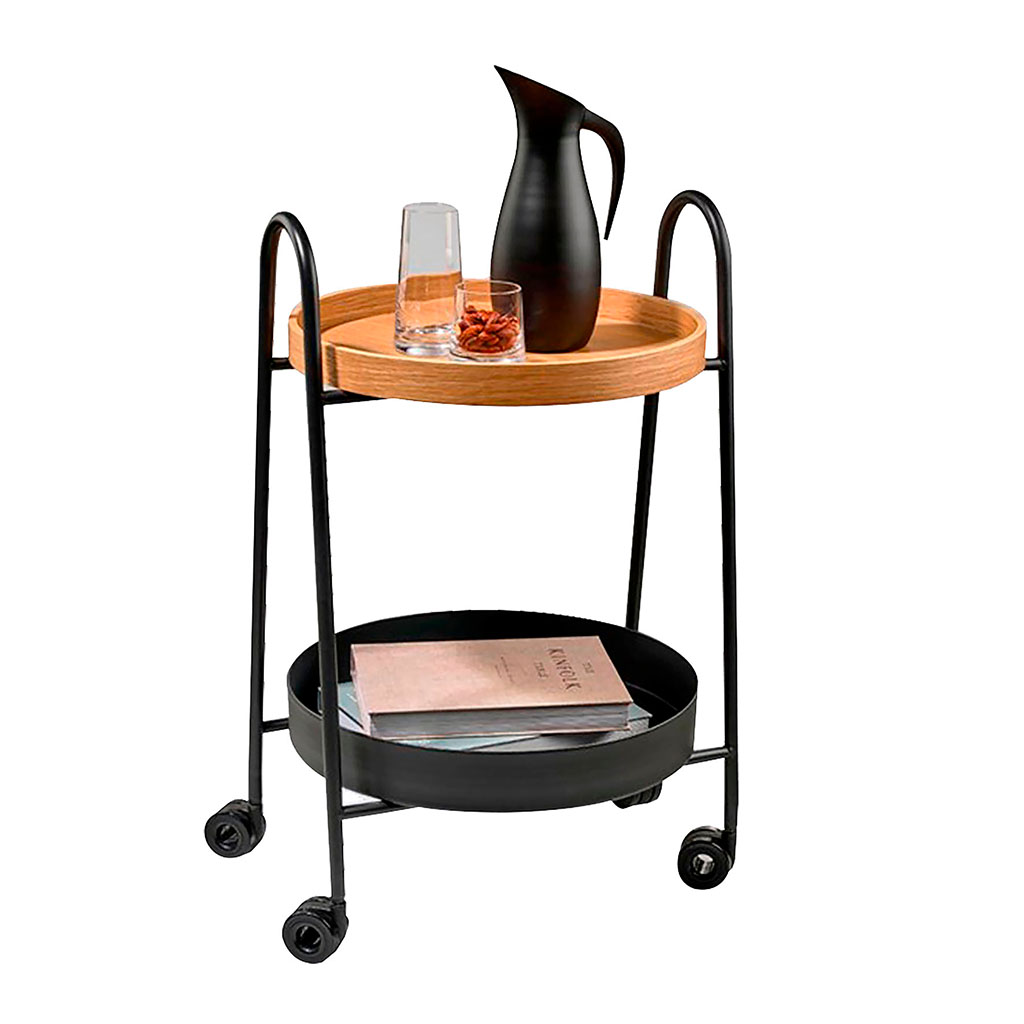 Desserte ronde 2 niveaux métal noir et bambou 76x41.5x45cm
