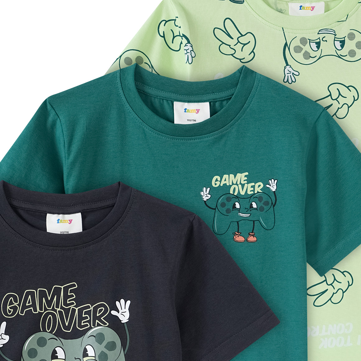 Famy 3 Jungen T-Shirts mit Gaming-Prints dunkelgrau / dunkelgrün / hellgrün