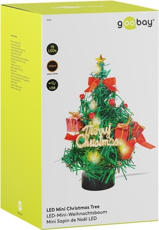 Goobay LED-mini-juletræ med juledekoration, 15 mikro-LED'er i varm hvid (2700 K) og 75 cm USB-kabel, højde ca. 22 cm