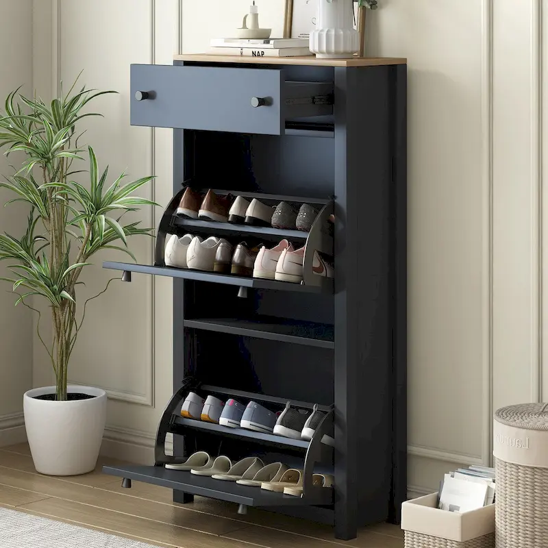 Entryway Organizer with 2 Drawers,Wood Grain Pattern Top Shoe Cabinet with Drawer, Free Standing Shoe Rack with Adjustable Panel