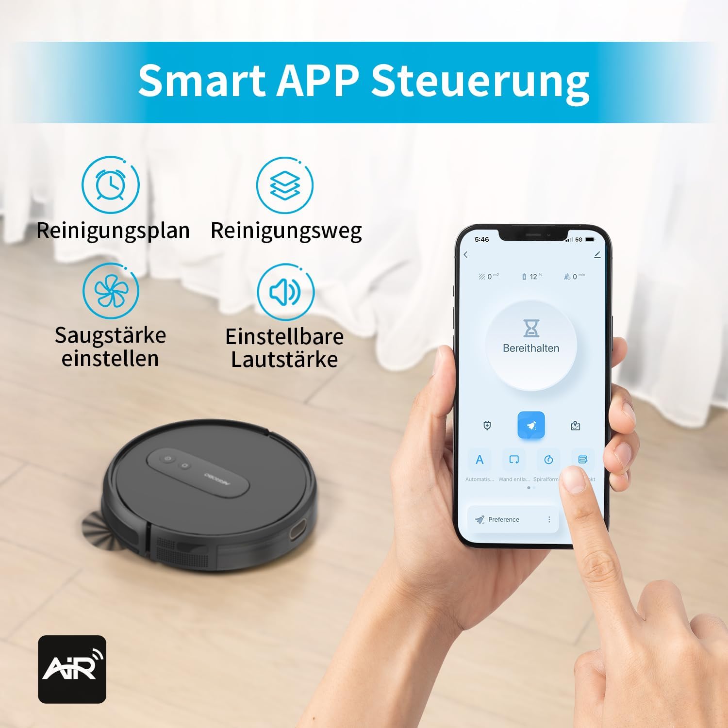AIRROBO Saugroboter, Staubsauger Roboter mit 2800 Pa Saugkraft, Roboterstaubsauger mit Ladestation, P25 Saugroboter ohne Wischfunktion für Teppich Tierhaare Hartböden, APP Steuerung, 120 Min Laufzeit