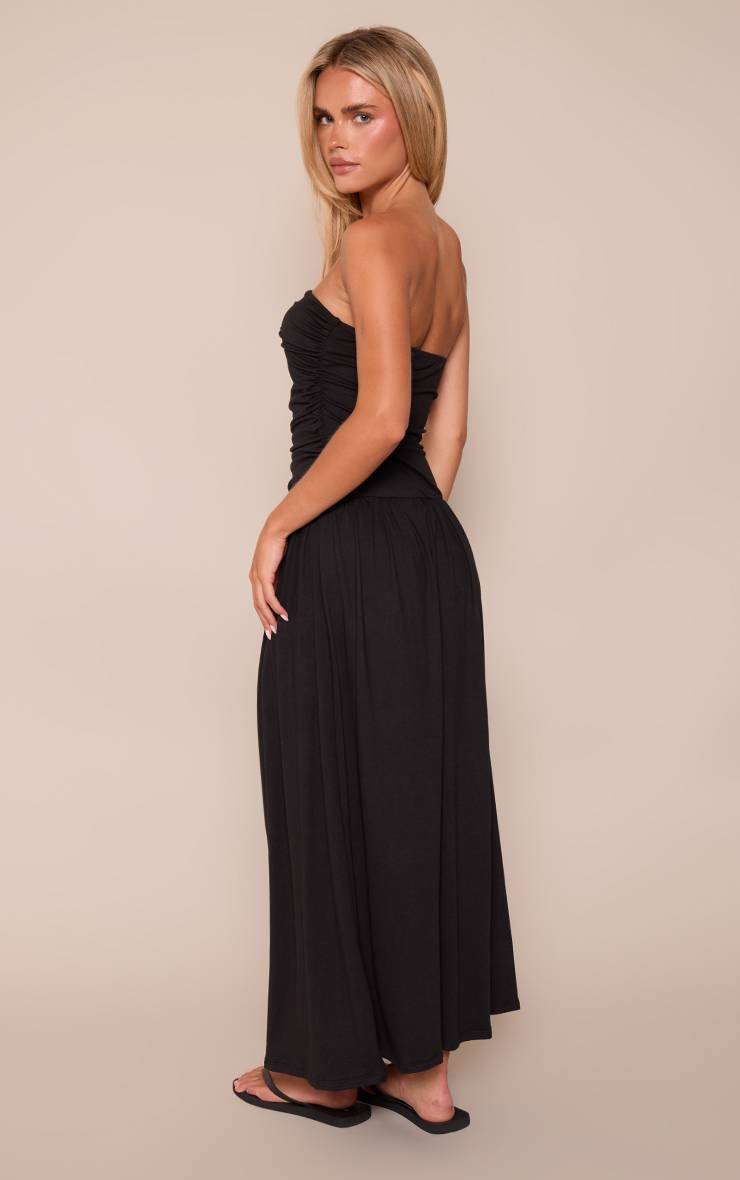 Noir Robe Maxi Bustier À Taille Basse Froncée Et Ourlet Plissé Petite