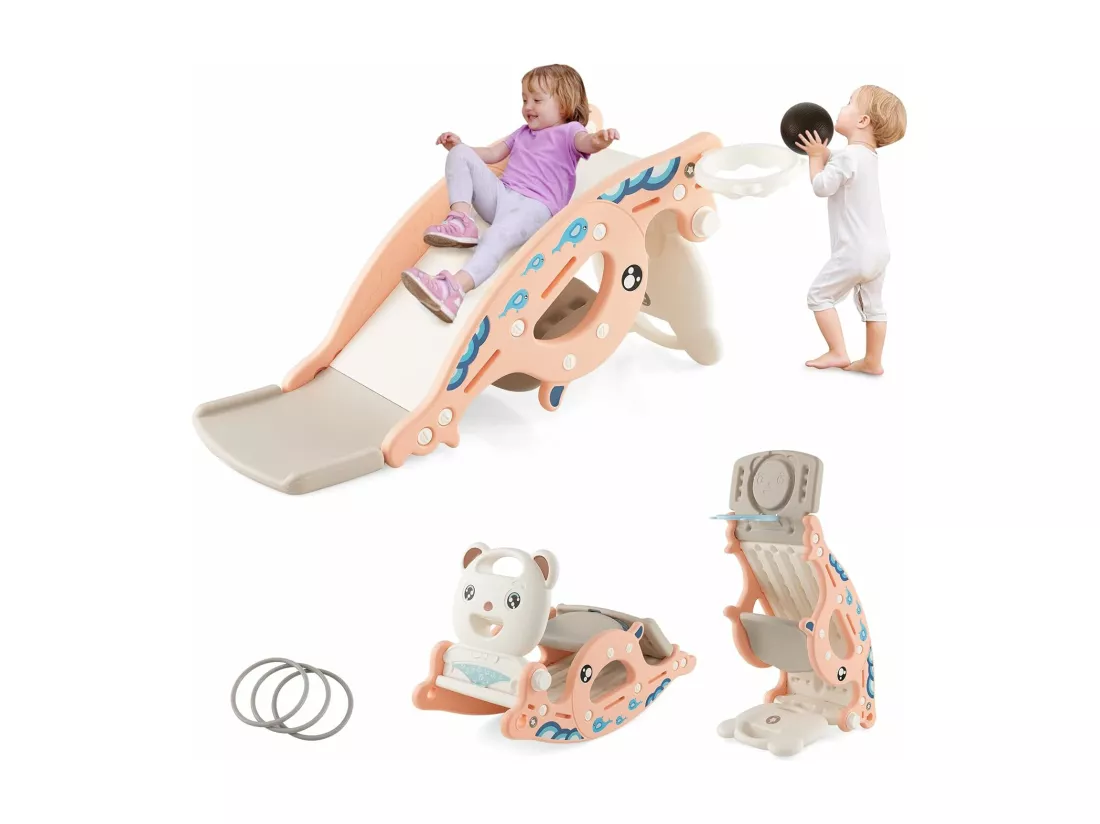 4 en 1 Toboggan Enfants avec 3 Modes & Motif d'ours, Cheval à Bascule Intérieur Extérieur avec Panier de Basketball & Ballon, Charge 50kg pour Enfants de 1-4 Ans, 93x65x46,5cm (Rose)