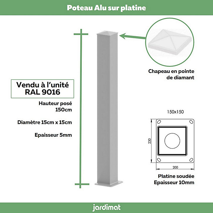 Poteau Jardimat alu laqué sur platine blanc 15 x 15, ep 4cm x h. 150 cm