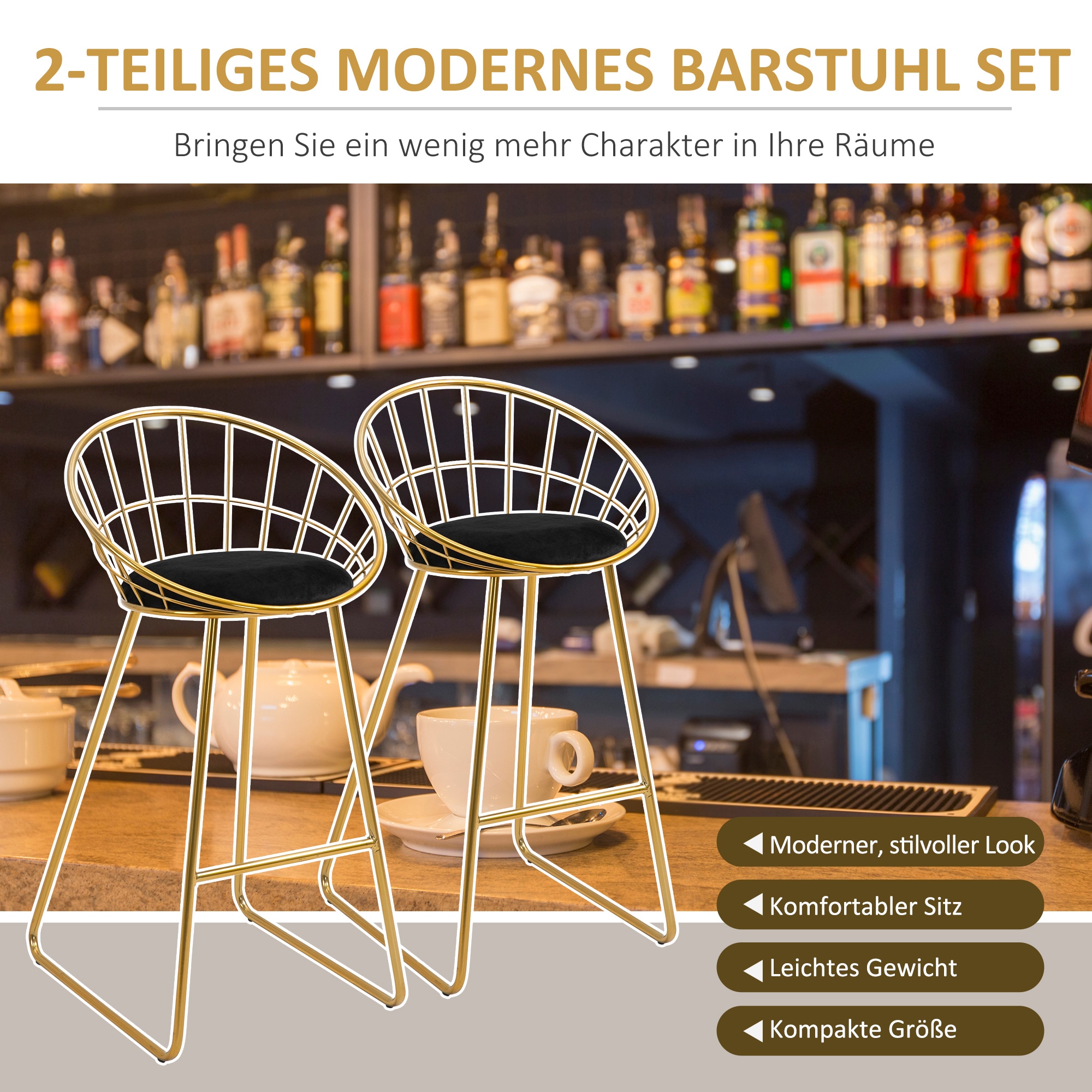 HOMCOM Barstühle im 2er Set schwarz 52,5 x 47 x 97 cm (BxTxH)