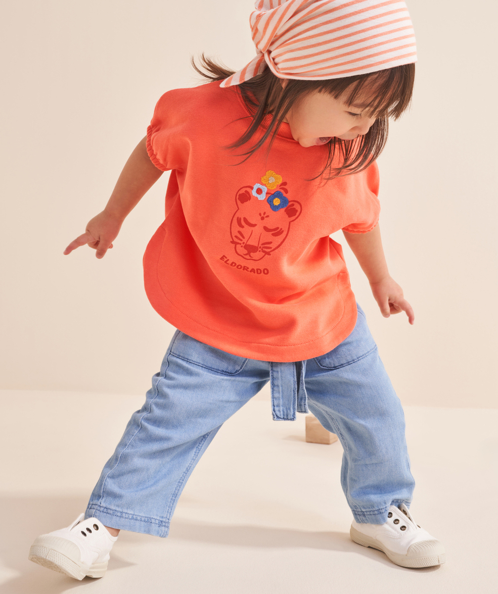 pantalon droit bébé fille en denim bleu low impact avec ceinture