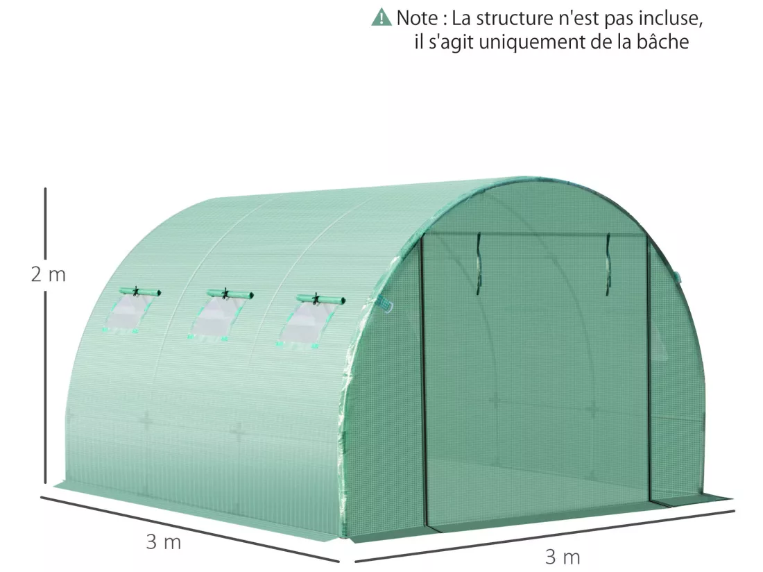 Bâche de rechange serre tunnel 9 m², bâche dim. 3L x 3l x 2H m PE anti-UV imperméable 6 fenêtres + porte enroulable zippée vert