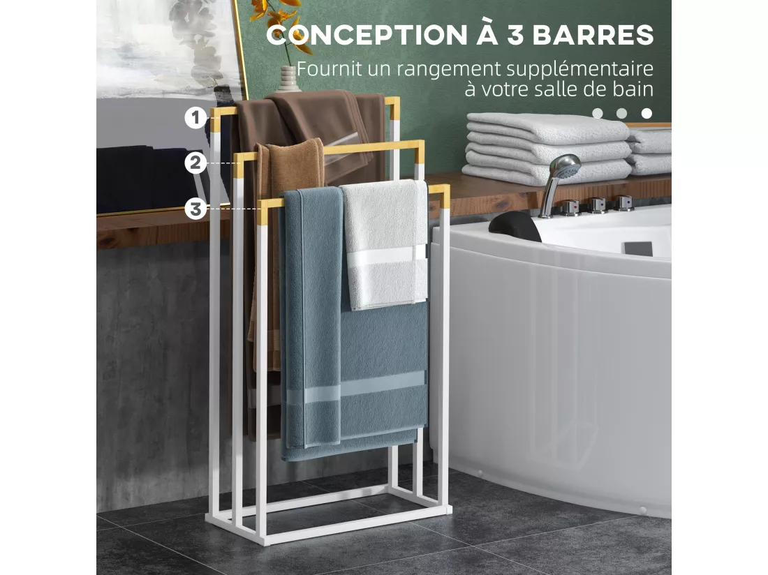 Porte-serviette autoportant 3 barres - dim. 45L x 22l x 86H cm - bois bambou acier blanc