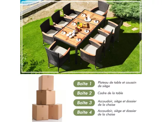 Salon de Jardin en Rotin et fibre naturelle 9 Pièces pour 8 Personnes Plateau de Table en Acacia, Ensemble de Salle à Manger de Patio, Chaque Chaise Charge 180KG