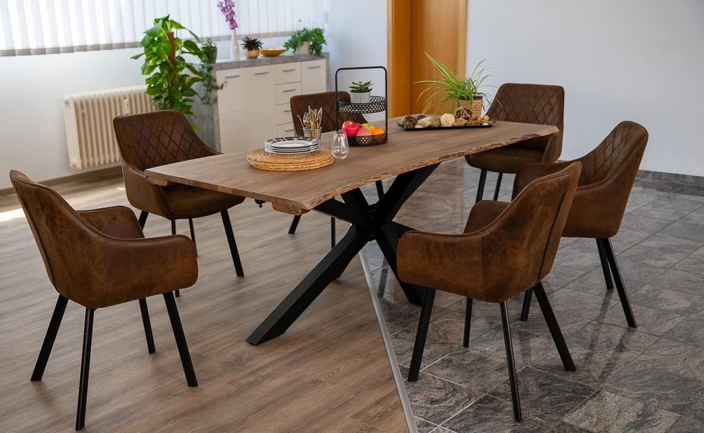 SAM Baumkantentisch 160 (260) x 90 cm Jannik, Akazienholz massiv & stonefarben, Esstisch inkl. 2 Ansteckplatten 50 x 90 cm, echte Baumkante, Spider-Metallgestell in Schwarz
