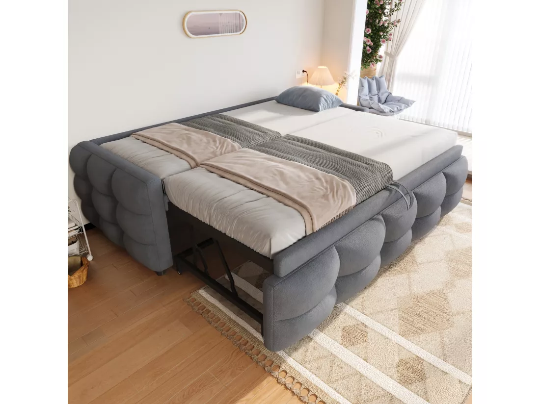 Lit gigogne 90/180x190 cm en velours - avec sommier à lattes - Gris