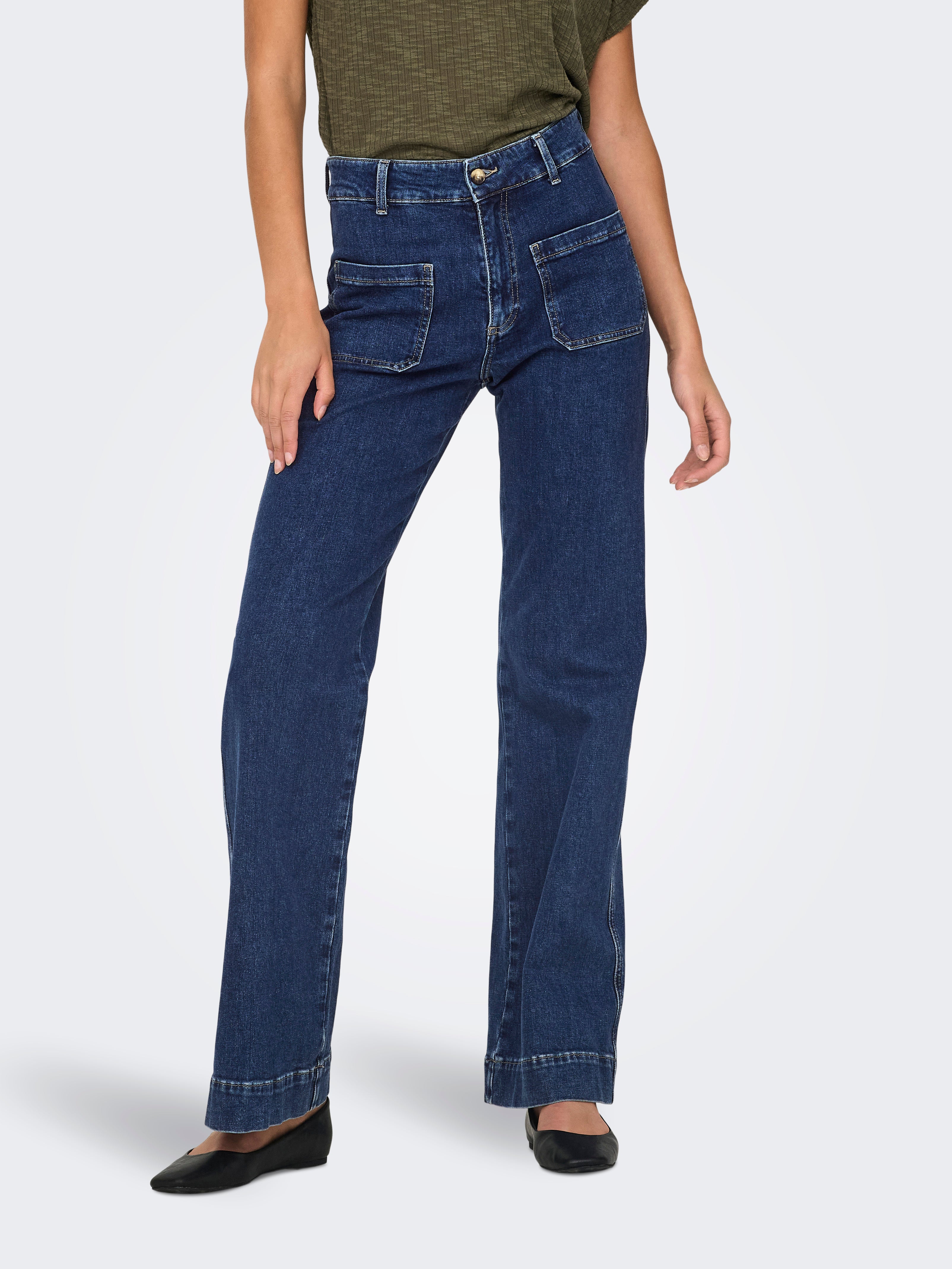ONLJUICY Hohe Taille Weiter Beinschnitt Jeans Dark Blue Denim