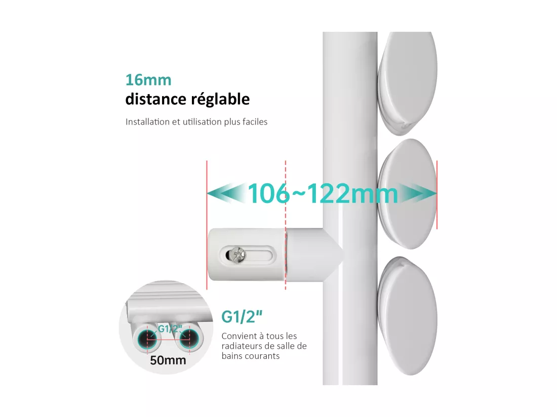 Sèche-serviette eau chaude EMKE raccord latéral radiateur sèche-serviettes blanc 112 × 40 cm 385 watts