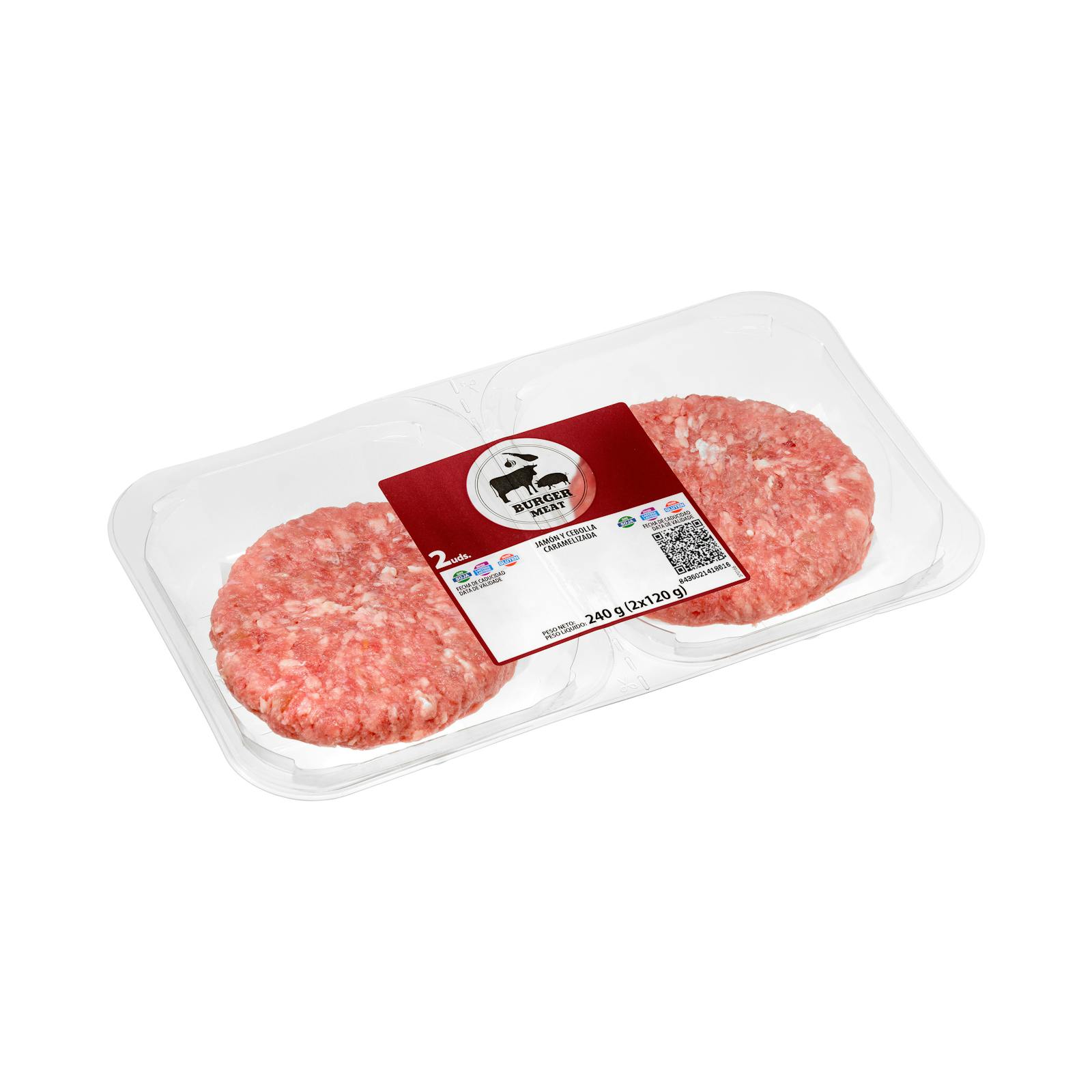 Burger de bœuf et de porc avec jambon et oignons caramélisés