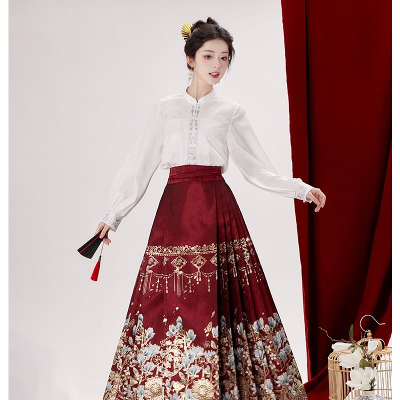 Keiko Girl - Pofmouw Hanfu Top met print / Hoge taille bloemenprint geplooide midi Ma Mian rok / Set