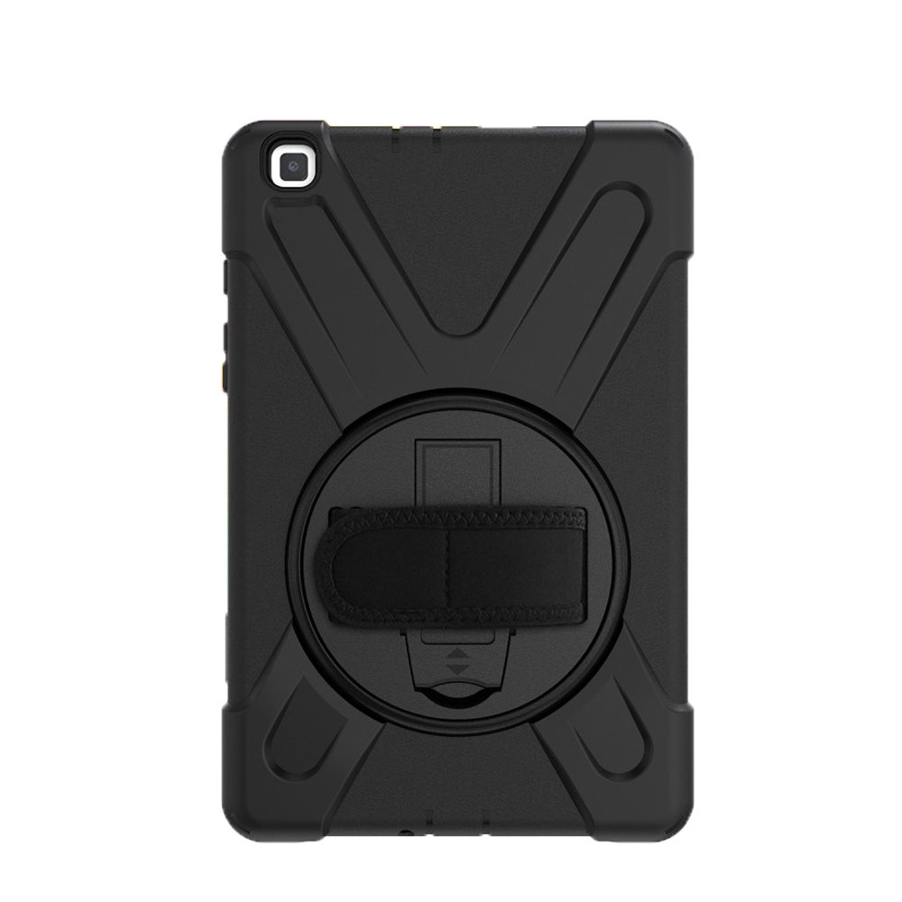 Samsung Galaxy Tab A 8.0 (2019) Hybrid Outdoor Silikon Case Hülle mit Aufsteller und Handschlaufe und Schultergurt - Schwarz
