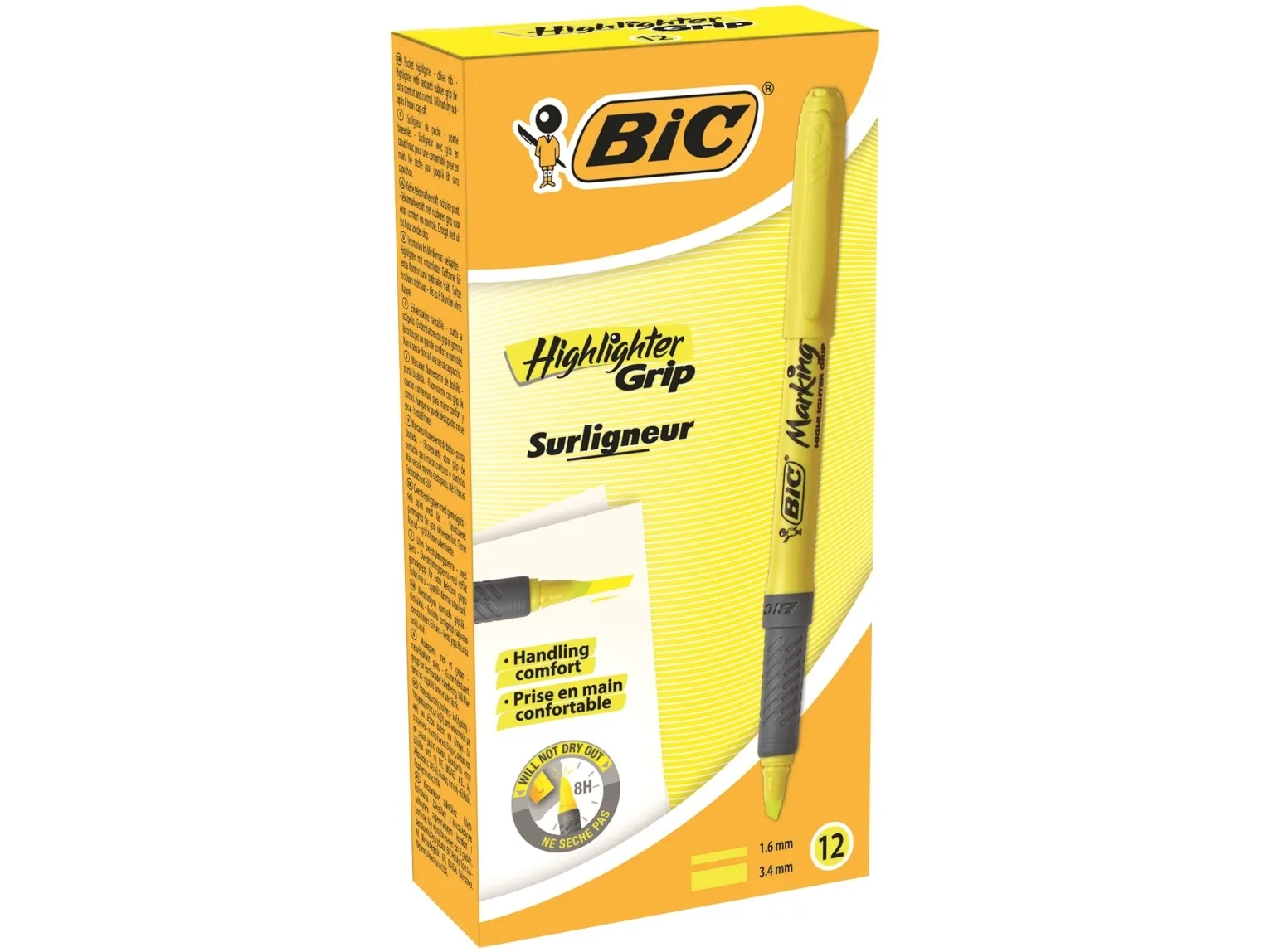 Overstregningspen BIC Highlighter Grip gul med skrå spids - (12 stk.)