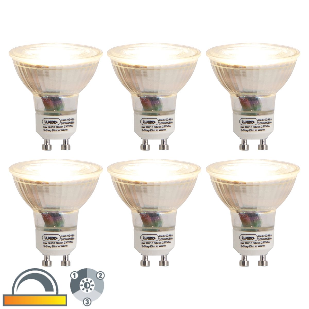 Set van 6 GU10 3-staps dim to warm LED lampen 5W 380 lm 2000-2700K