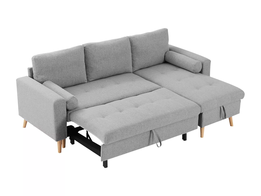 Canapé d'angle convertible et réversible en tissu gris clair avec coffre de rangement KORI