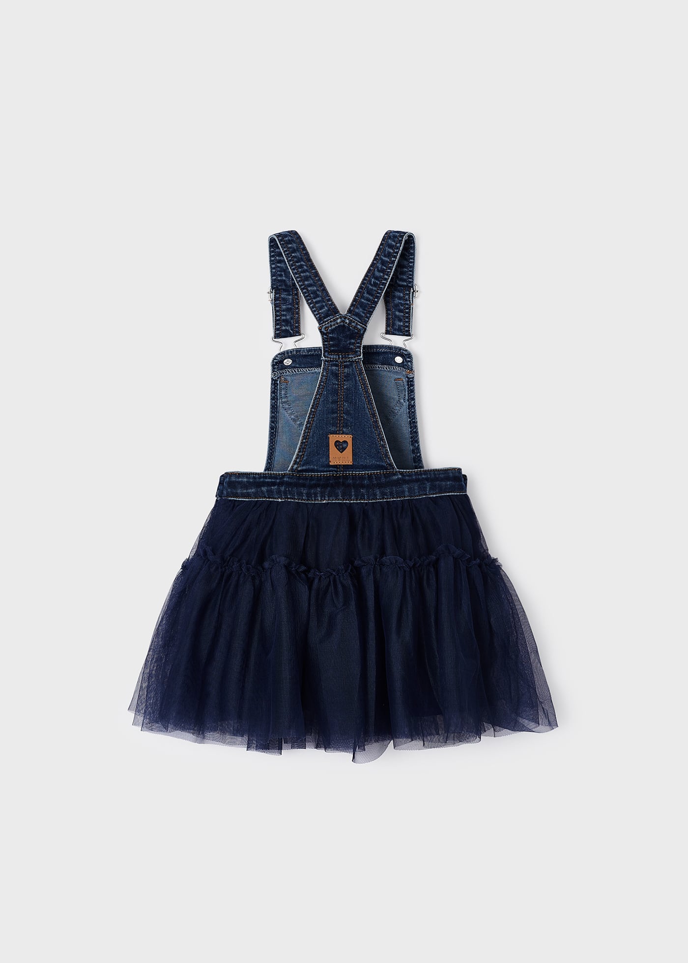 jardineira jeans com saia de tule para meninas