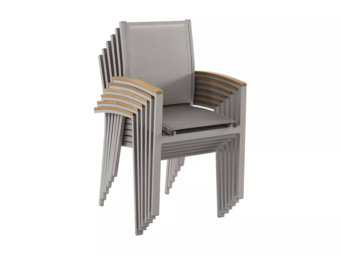 Salle à manger de jardin en aluminium : une table extensible L.180/240cm et 6 fauteuils empilables avec accoudoirs acacia - Taupe - NAURU de MYLIA