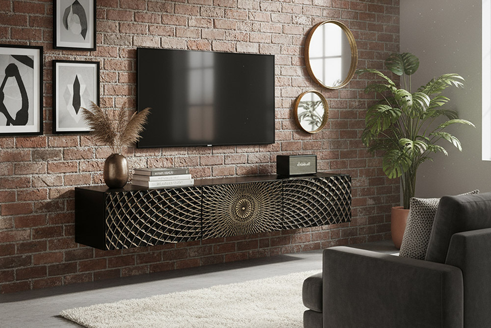 Hängendes TV-Board ILLUSION 160cm schwarz Mangoholz Massivholz mit 3D Schnitzereien gold