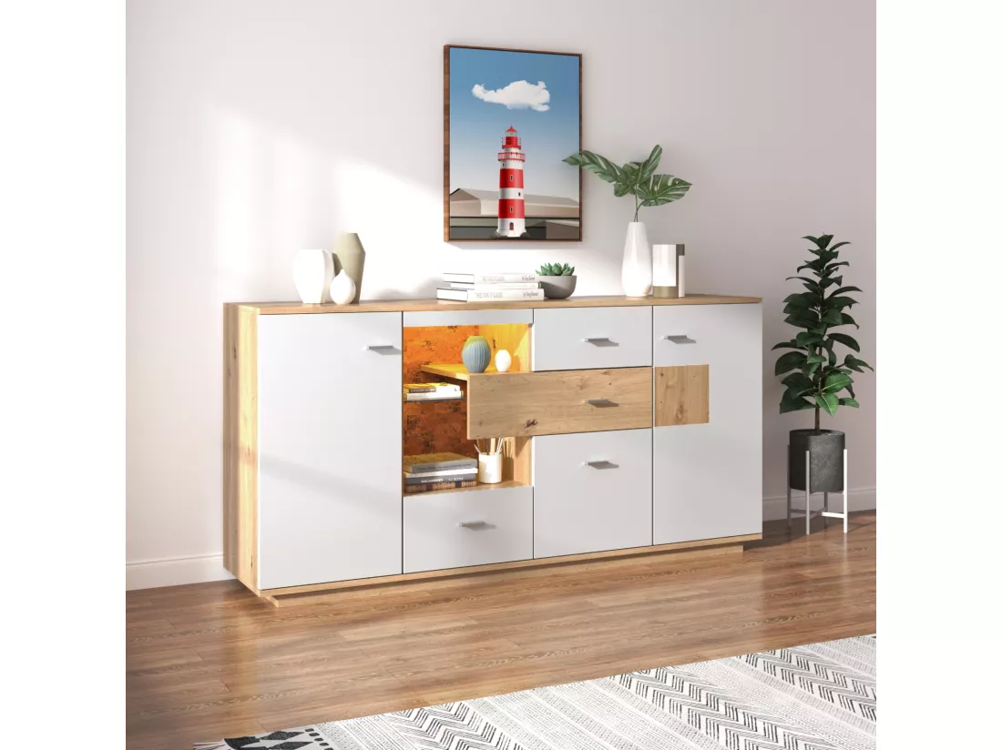 Buffet LED 160x40x77cm, armoire avec 2 portes, 4 tiroirs, étagère en verre, aspect bois meuble de salon armoire polyvalente - blanc