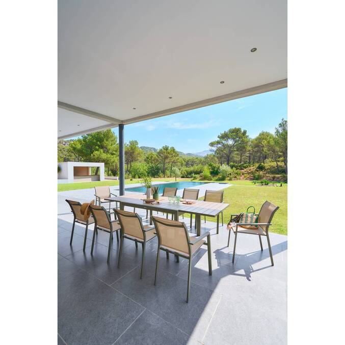 Table de jardin extensible coulissante ÉVASION Effet bois Lin & Vert laurier