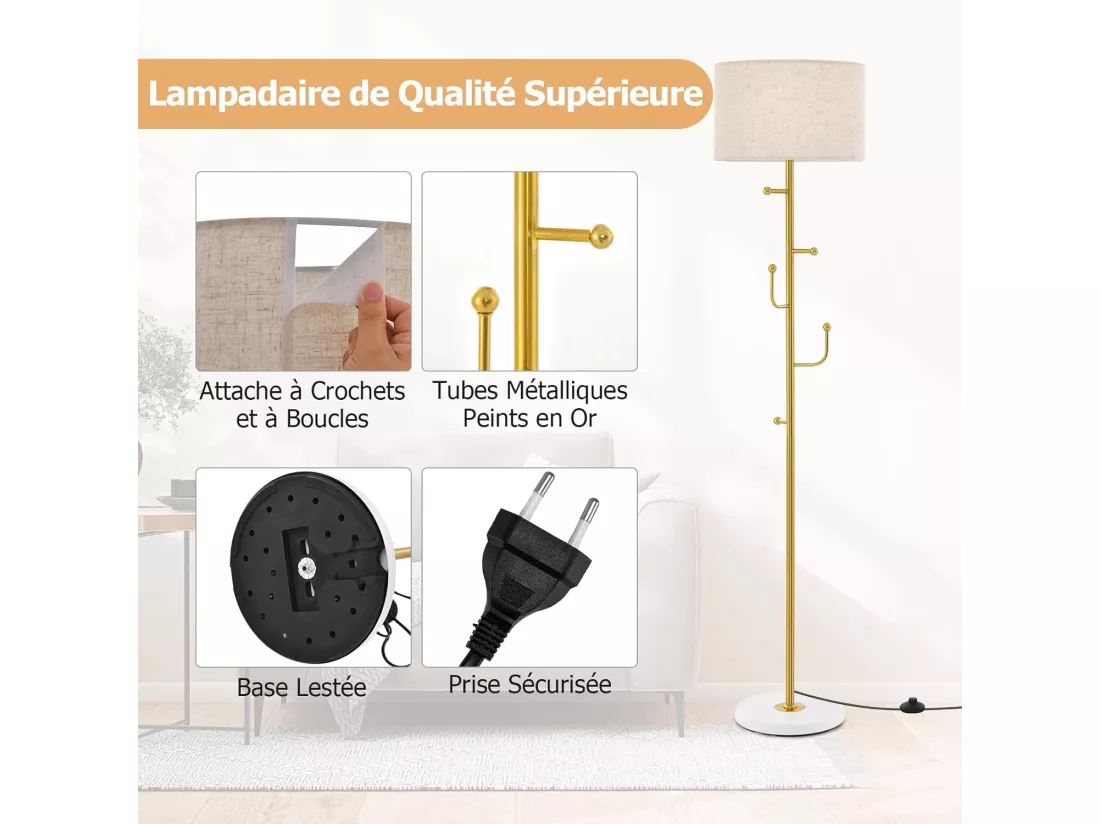Lampadaire sur pied salon 166,5cm avec interrupteur au pied, lampe sur pied avec base doré