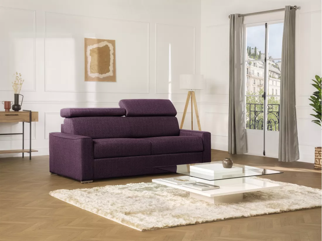 Canapé 2 places convertible express en tissu violet - couchage 120 cm - Matelas 22 cm avec mémoire de forme VIZIR